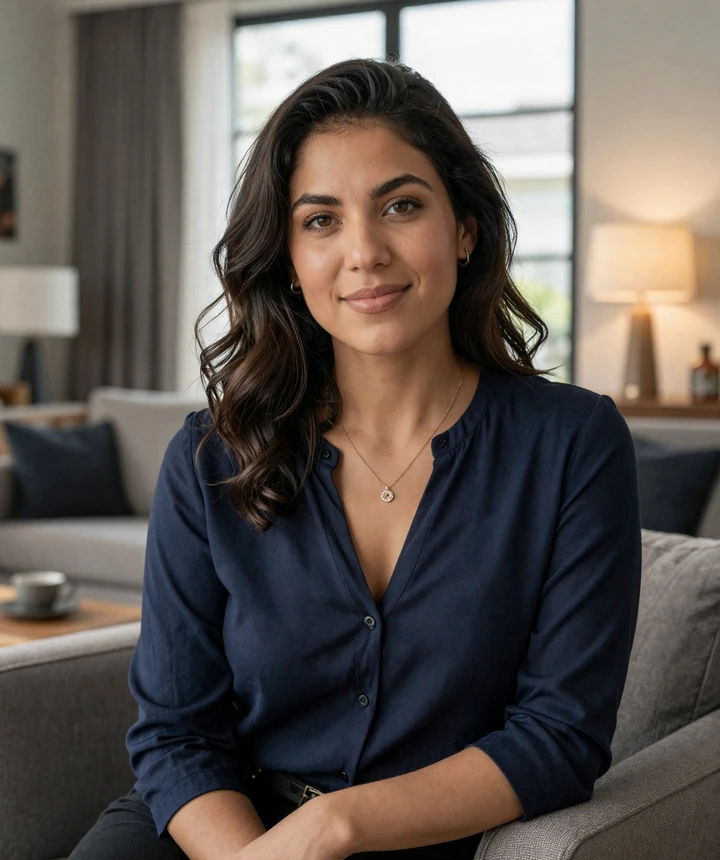 Authentic portrait of a smiling woman in a café setting, representing the warm tone of serious relationship dating online