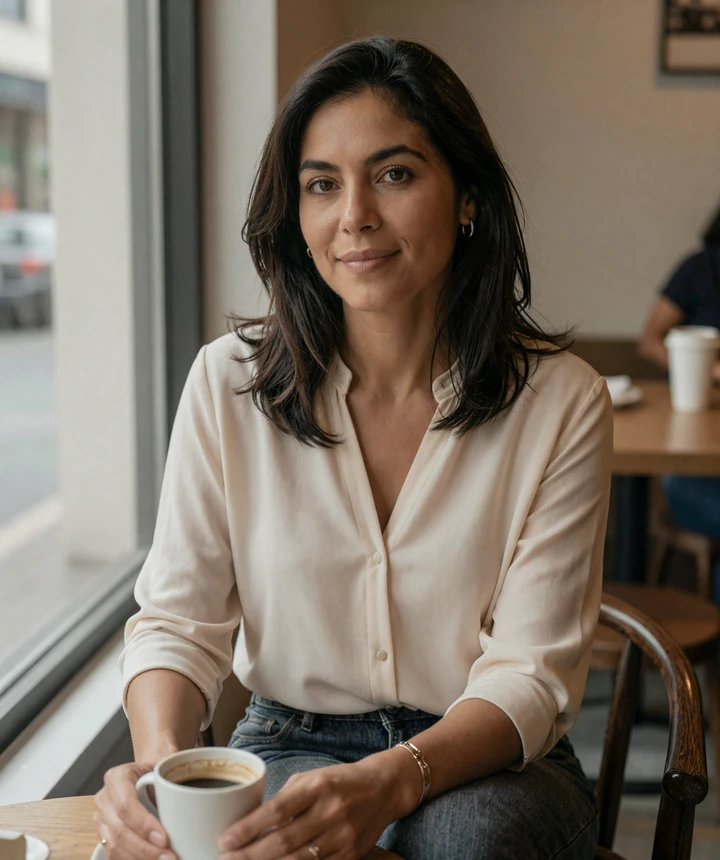 Authentic portrait of a smiling woman in a café setting, representing the warm tone of serious relationship dating online